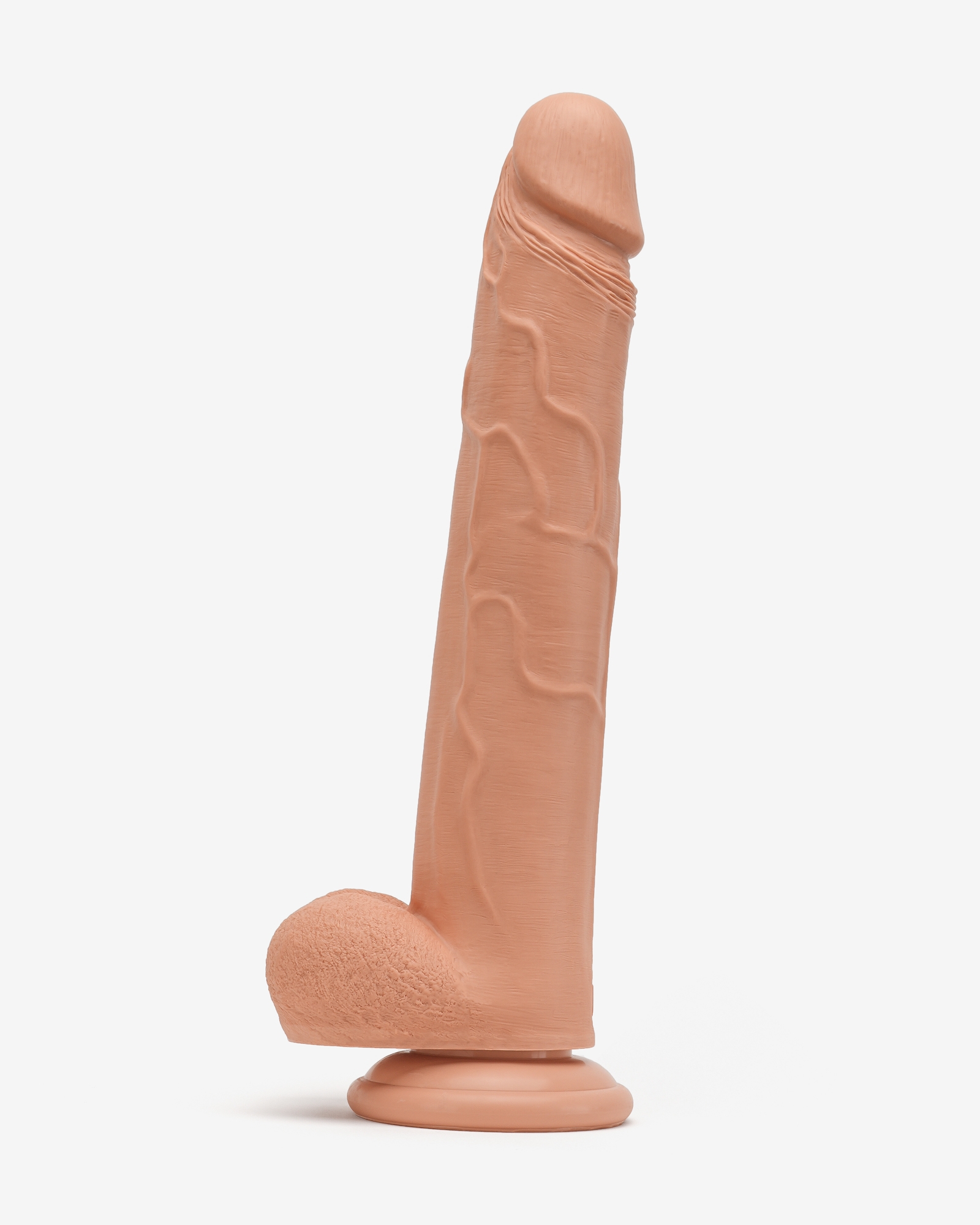 12 Inch Realistic Dildo with Suction Cup and Balls, Silicone Material, Dual Density, Tan - Left